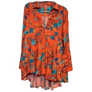 Free People Take Me Away Orange Hi-Lo long Sleeve Mini Boho Dress sz XS EUC